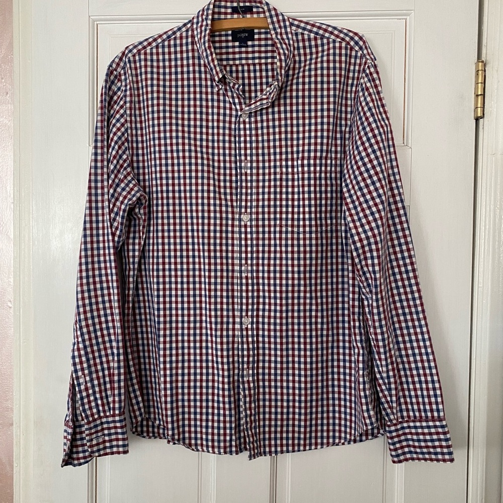 J. Crew Multicolor Blue Red Grey Checkered Button Down Shirt Slim Fit Size L